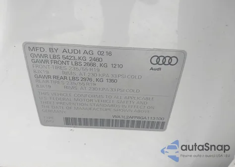 2016 Audi Q5 2.0T Premium из США, поврежденный, VIN WA1L2AFP8GA113100